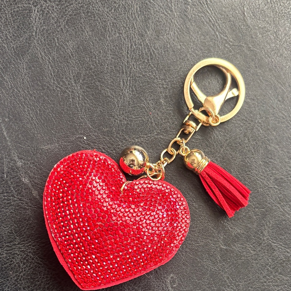 Red Heart bag Charm Keychain with Gold Accents